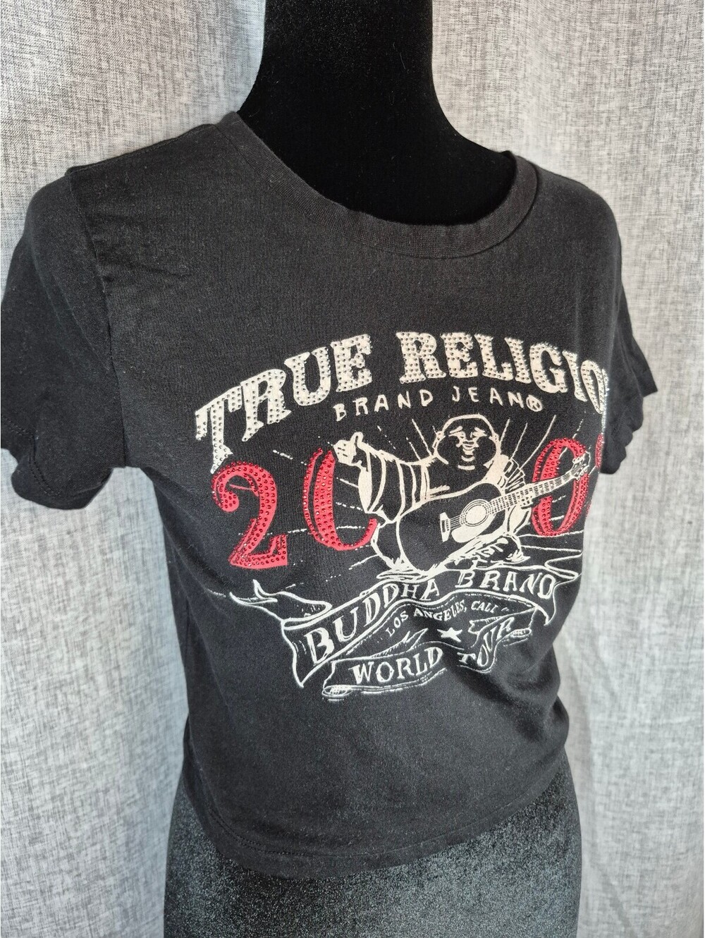 True Religion OG Crystal Buddha Baby Crew Tee Women’s Small Cropped Rhinestone - Picture 2 of 6